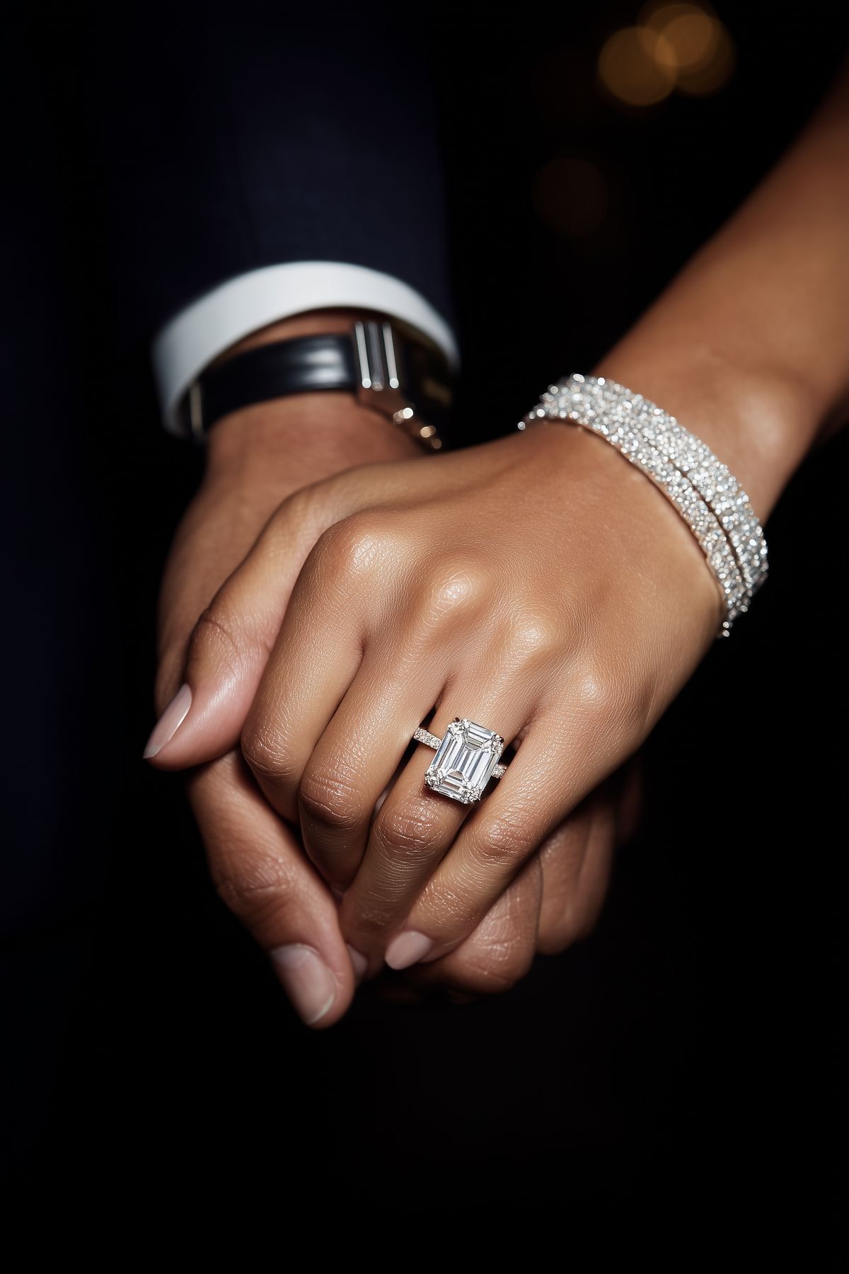 Two hands held together, an engagement ring catching the light